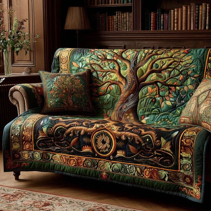Arbre de vie émeraude et doré – Housse de canapé matelassée
