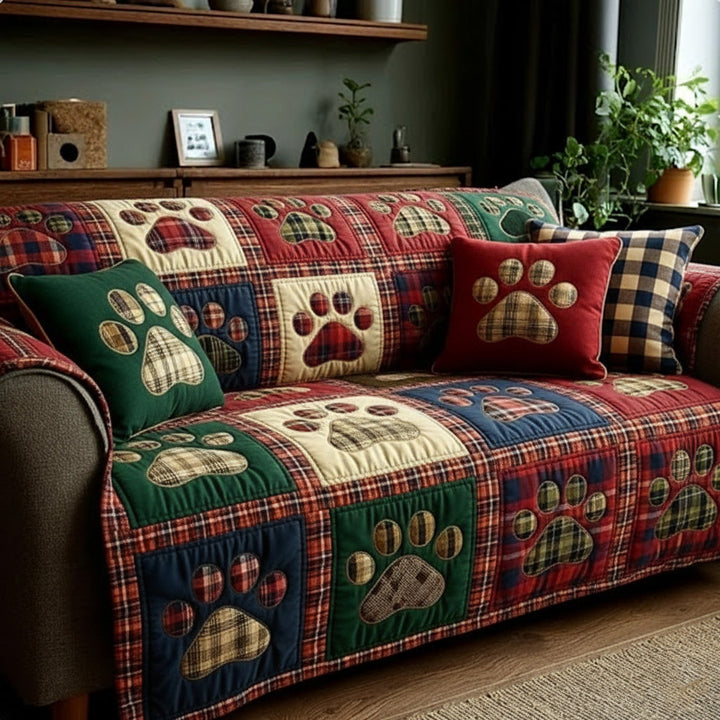 Pattes sur tartan rouge et vert – Housse de canapé matelassée