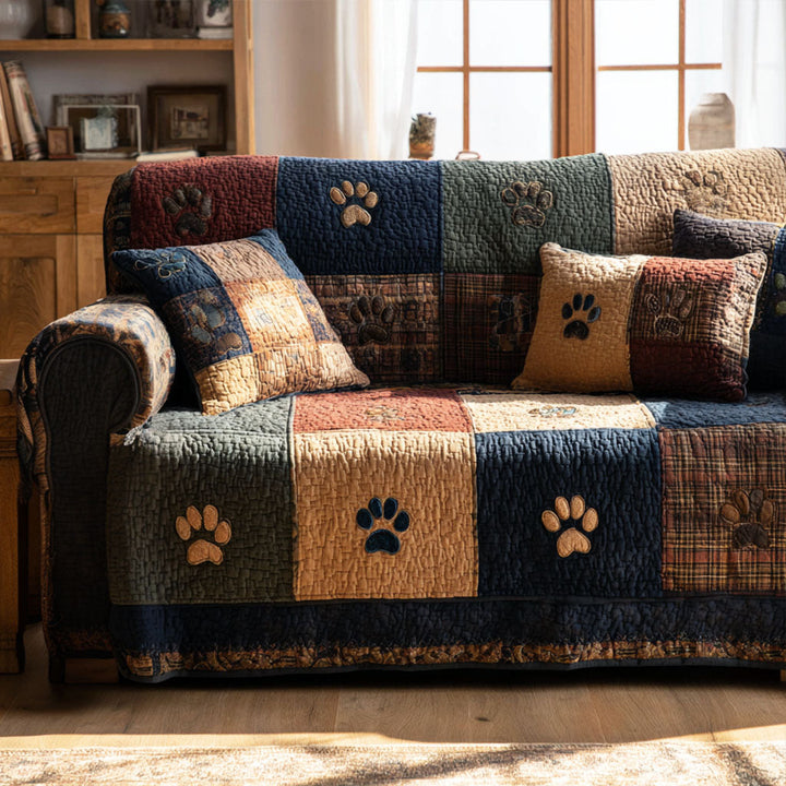 Pattes en patchwork marine et rouille – Housse de canapé matelassée