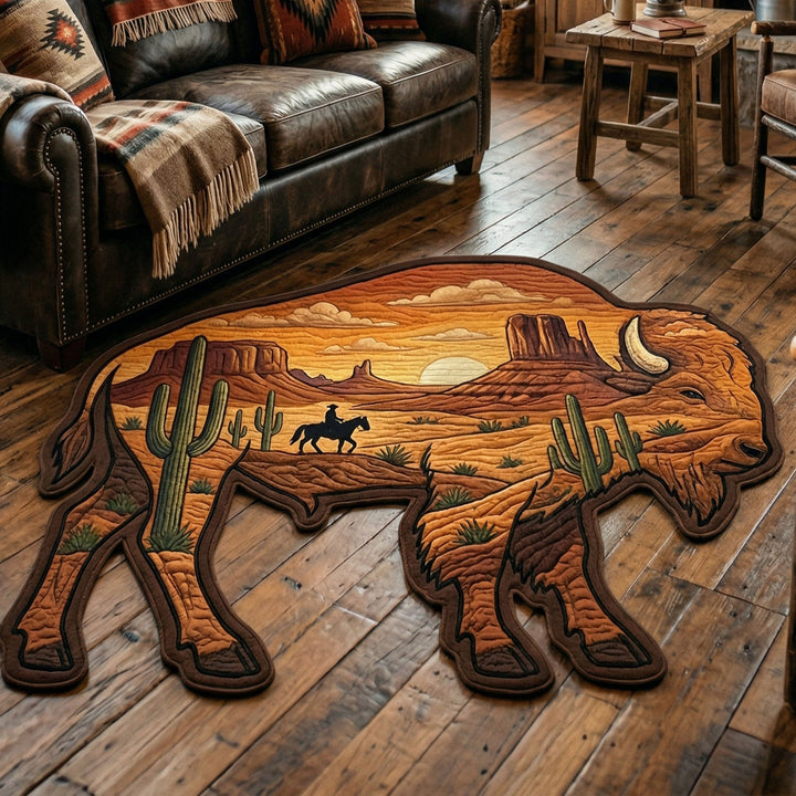 Bison et désert au soleil couchant – Tapis de forme originale