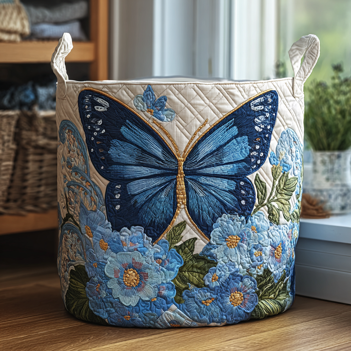 Papillon bleu et fleurs – Panier à linge matelassé