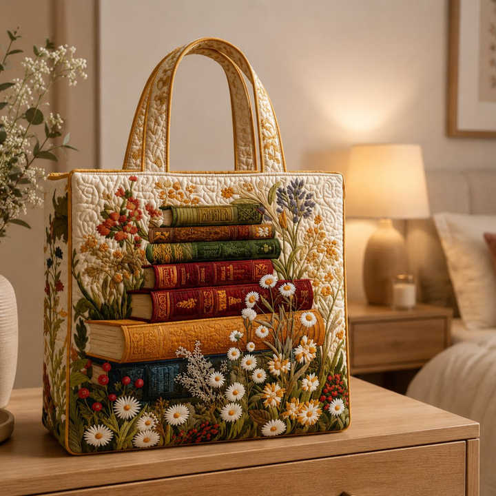 Pile de livres fleurie – Sac fourre-tout matelassé