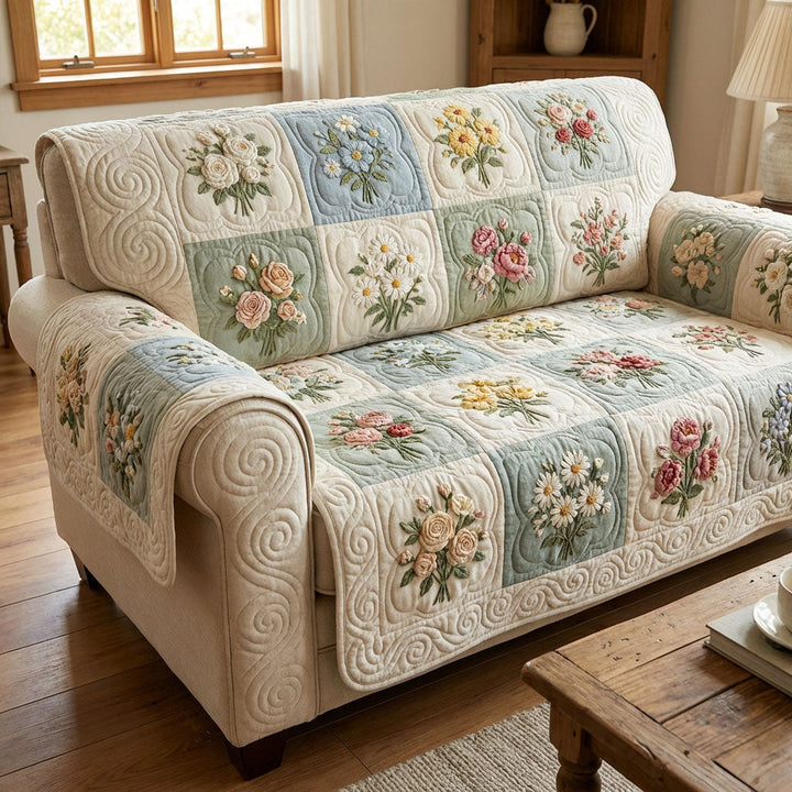 Fleurs brodées vert d’eau – Housse de canapé matelassée