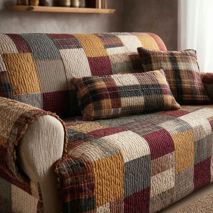 Patchwork bordeaux et moutarde – Housse de canapé matelassée
