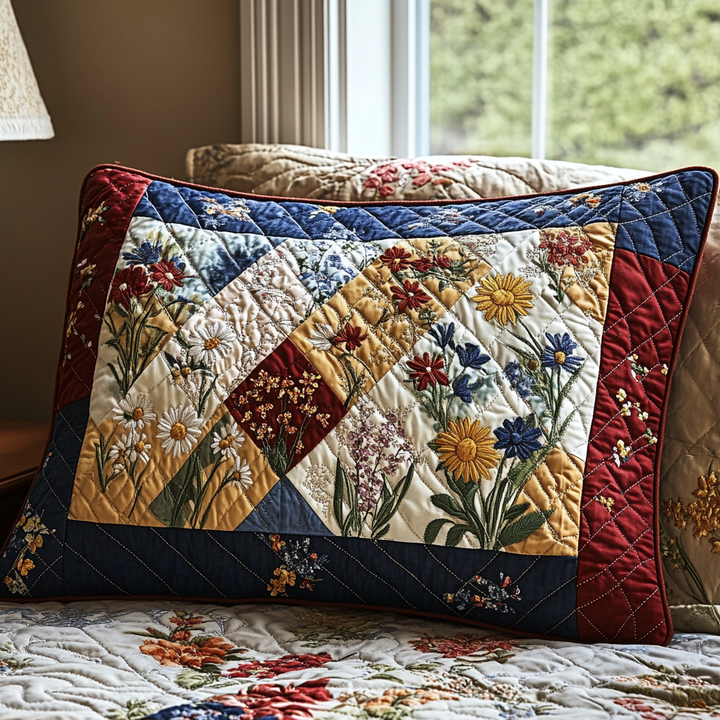 Patchwork floral rouge et bleu – Taie d’oreiller matelassée