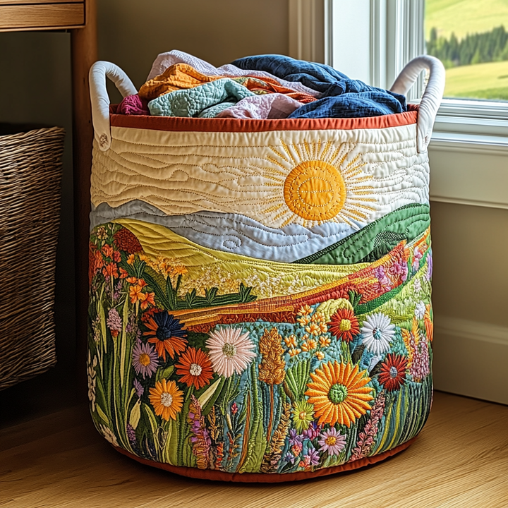 Collines fleuries au soleil – Panier à linge matelassé