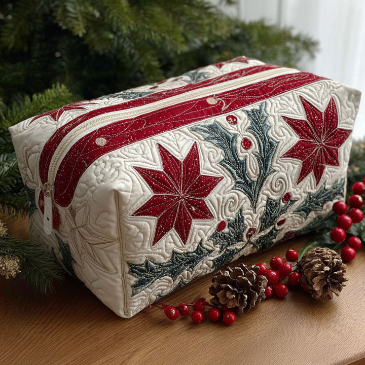 Étoiles rouges et feuillage – Trousse de maquillage matelassée