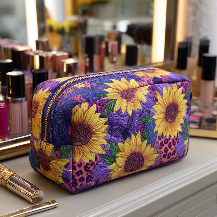 Tournesols sur fond violet – Trousse de maquillage matelassée