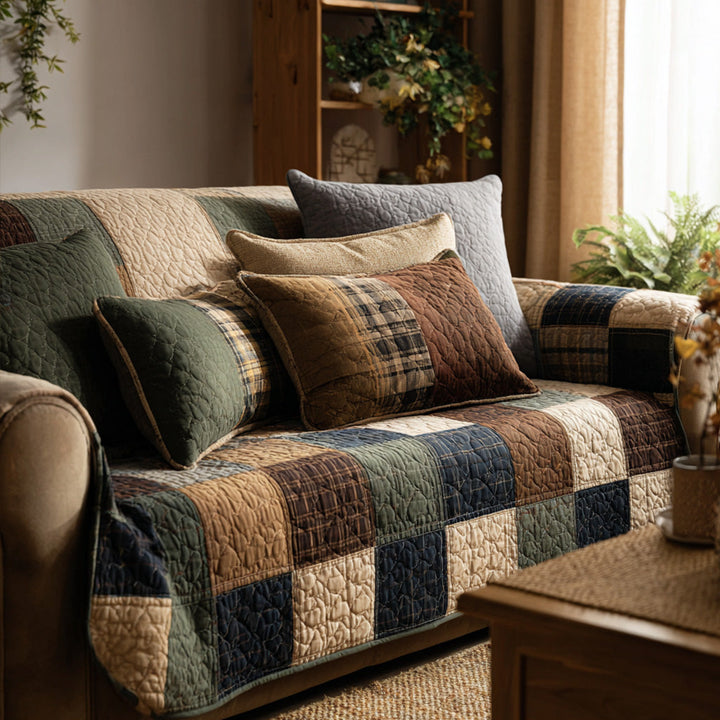 Patchwork vert sapin et marine – Housse de canapé matelassée