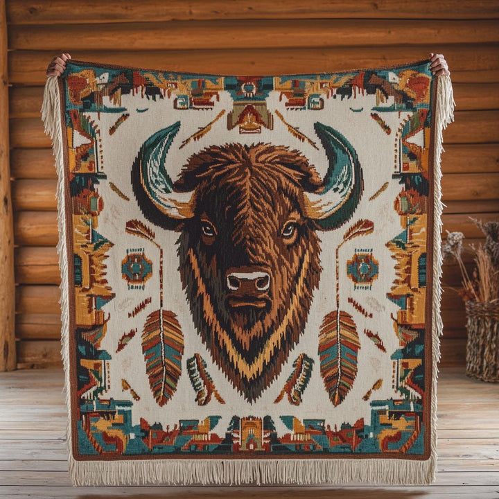 Bison et motifs autochtones – Jeté de canapé tissé