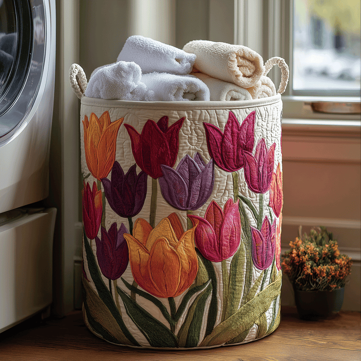 Tulipes rouges et violettes – Panier à linge matelassé