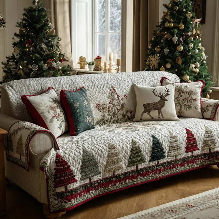 Cerf et sapins rouges et verts – Housse de canapé matelassée