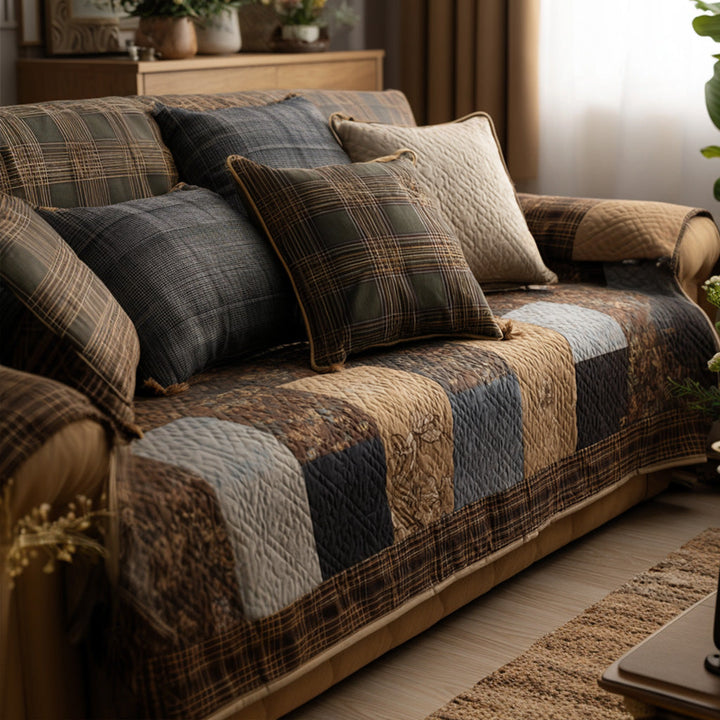 Patchwork brun et gris ardoise – Housse de canapé matelassée