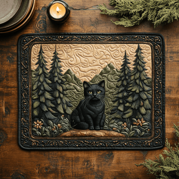 Chat noir dans la forêt de pins – Napperons matelassés