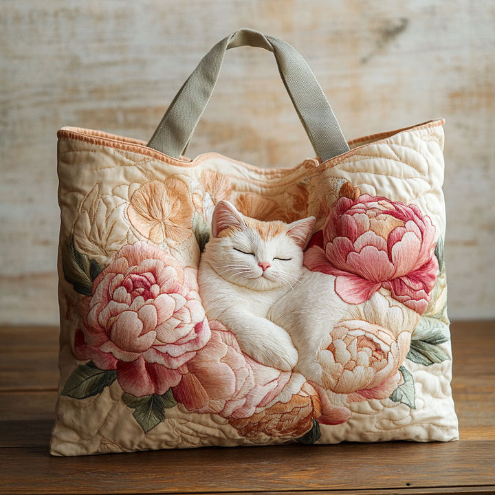 Chat blanc et pivoines roses – Sac fourre-tout matelassé
