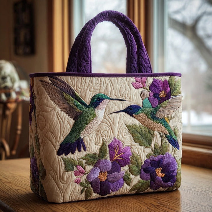 Colibris et fleurs violettes – Sac fourre-tout matelassé