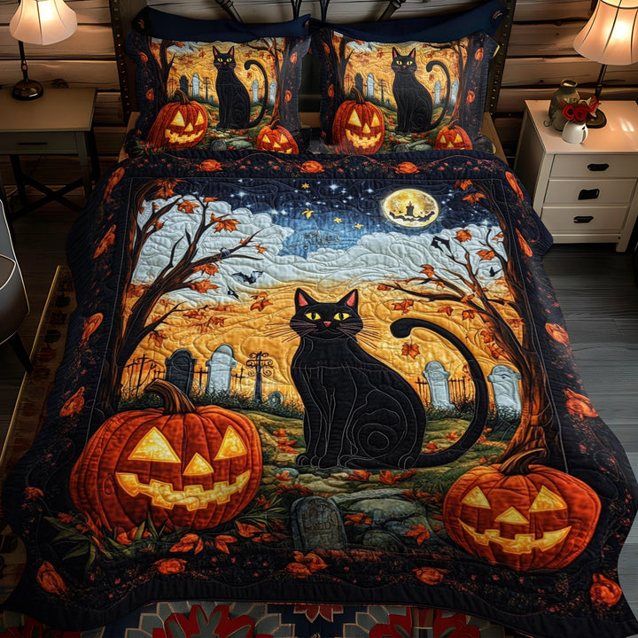 Chat noir d’Halloween – Ensemble de literie matelassé 3 pièces