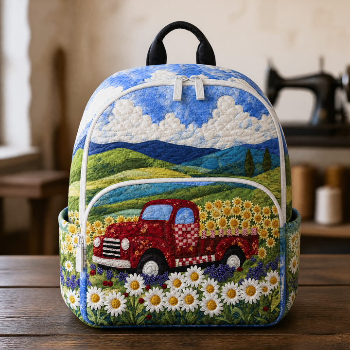 Camion rouge rétro et tournesols – Sac à dos matelassé