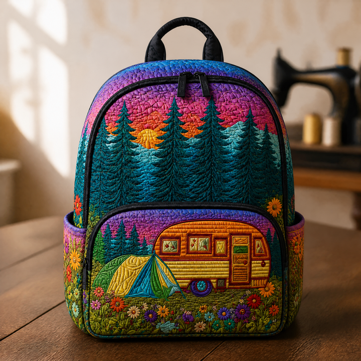 Roulotte au coucher du soleil en forêt – Sac à dos matelassé