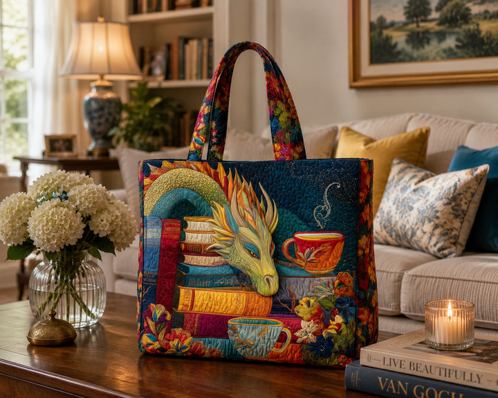 Dragon lecteur et tasses de thé – Sac fourre-tout matelassé